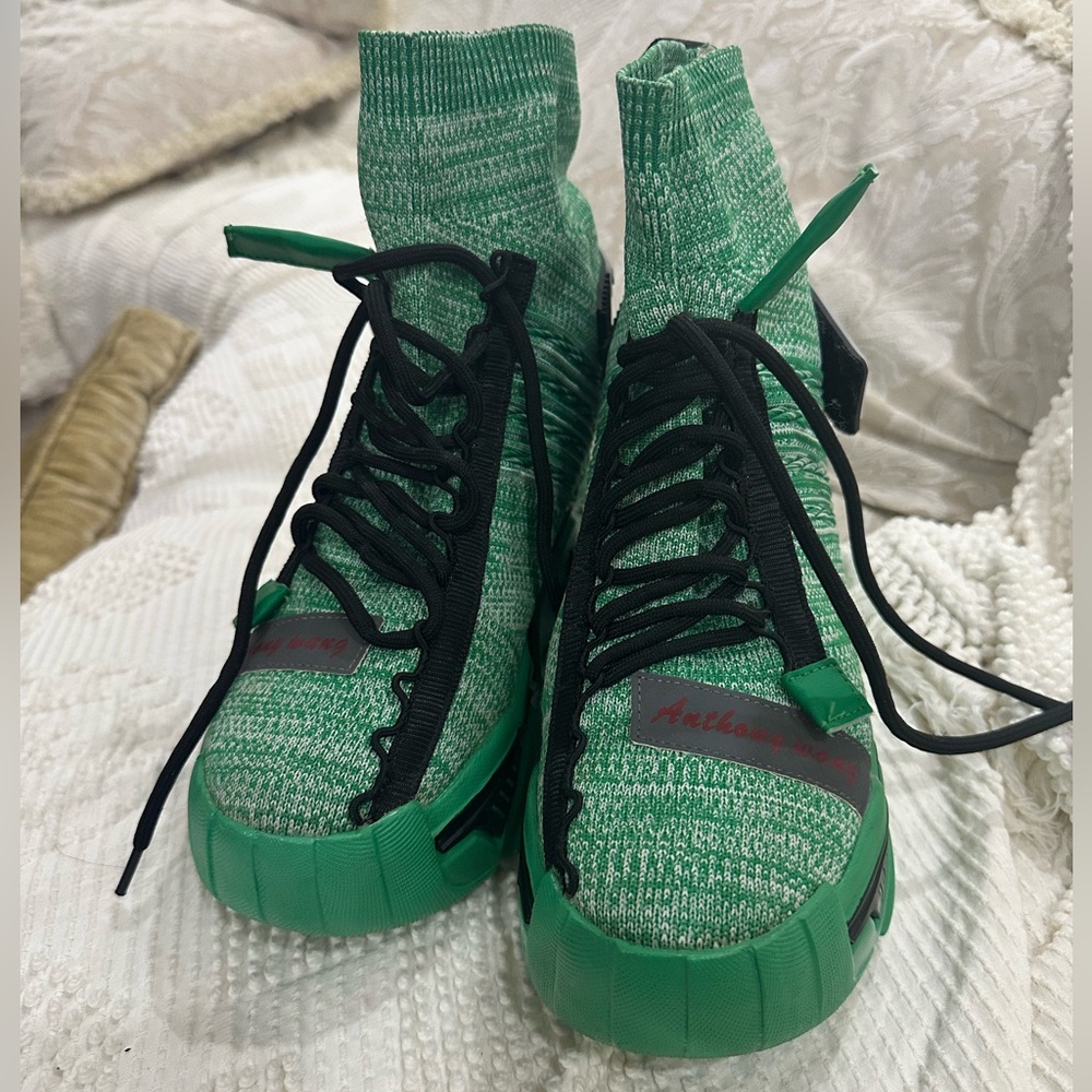 Anthony Wang Damson Vibrant Green Knit Sneakers with Black Details